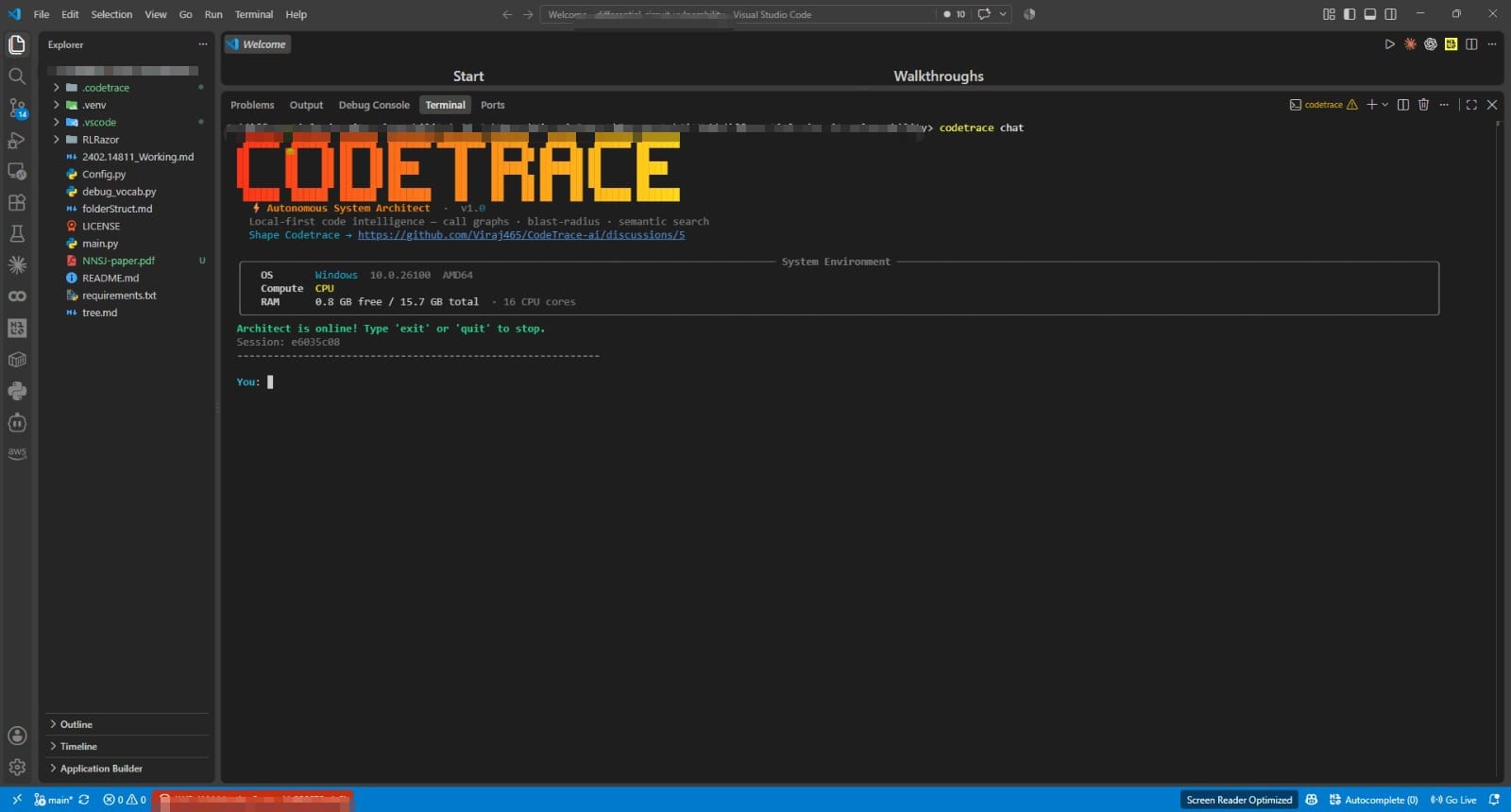 CodeTrace Live Governed Chat Session in CLI